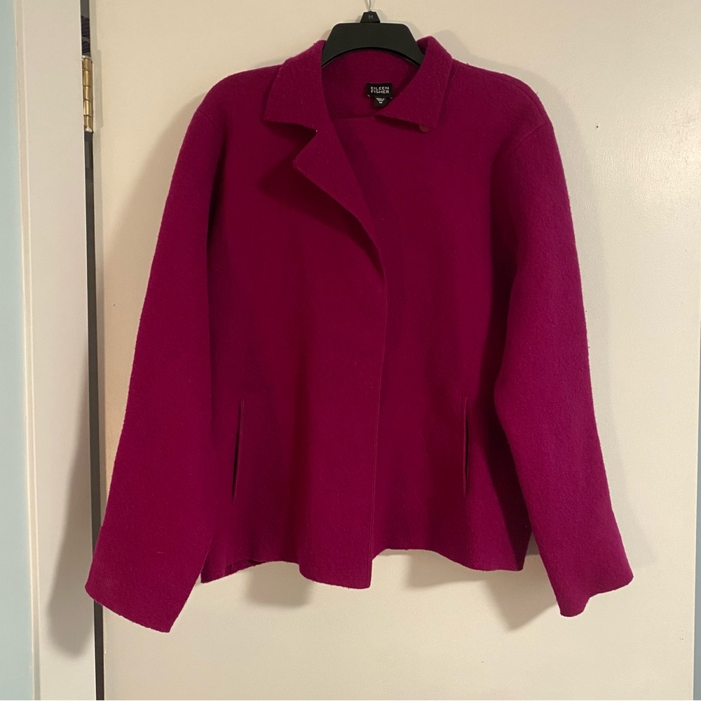 Eileen Fisher Wool Jacket Womens M Pink Collared Button Work Business Barbie